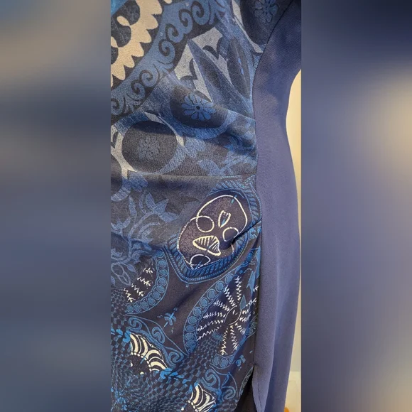 Desigual royal blue print dress rouched cap sleeve sz 44 - Picture 3 of 10
